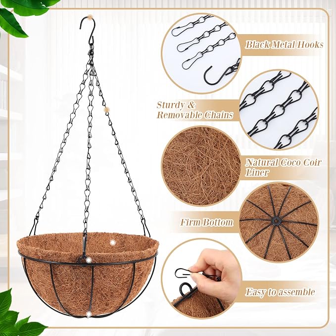 Dandat 12 Pack Hanging Planter Basket Outdoor Large Hanging Flower Pots Indoor 14 inch with Coco Coir Liner Round Wire Plant Holder Chain Basket Garden for Home Decor Balcony Office