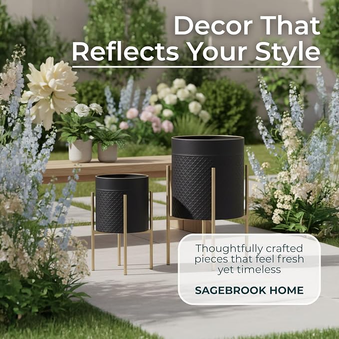 Decorative Flower Pots with Metal Stand for Home Decor - Modern Planters for Hallway, Entryway, and Living Room Decor - Indoor and Outdoor Pots for Plants - Set of 2, 23", 19", Black & Gold