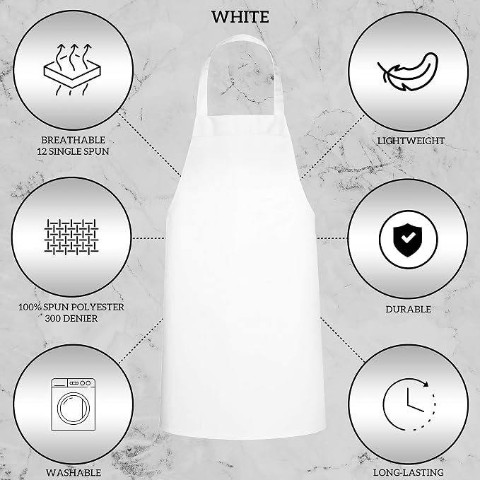 GREEN LIFESTYLE 12 Pack Bib Apron - Unisex White Aprons, Machine Washable Aprons for Men and Women, Kitchen Cooking BBQ Aprons Bulk (Pack of 12, No Pockets, White)