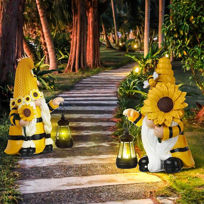 Suzile 2 Pack Sunflower Bee Gnome 9.4 Inch Garden Outdoor Statue Solar with Lantern Lights Gnomes Gifts for Women Outside Sunflower Bee Figurine for Yard Courtyard Lawn Patio Porch Decor