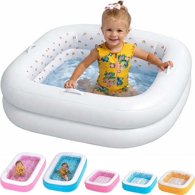Inflatable Square Baby Pool, White, Portable Swimming Pool for Toddler Summer Must Have Kids Gift, Toddler Travel Essential, Water Toys