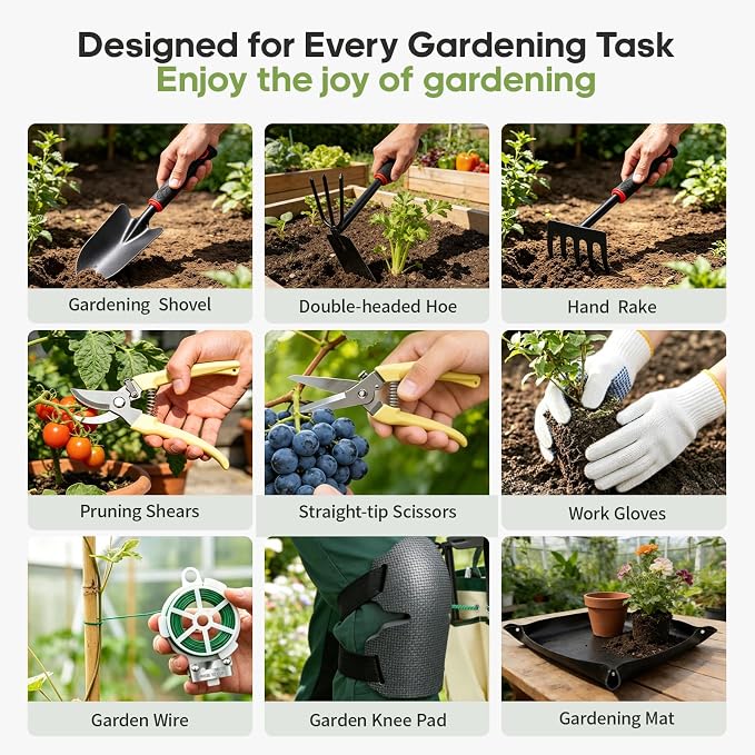 Gardening Tools, Garden Hand Tools for Gardening, with Non-Slip Rubber Grip, Gloves & Storage Tote Bag, 10Pcs Gardening Accessories Set Kit Gifts for Men Women
