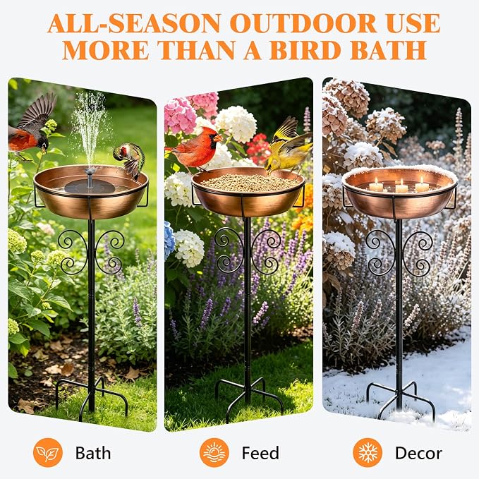 Btefd 3" Deep 43" Tall Copper Metal Bird Bath for Outdoor, 12" Dia Removable Bird Baths Water Bowl for Outside, Standing Birdbaths with Stable Stake for Garden Yard Lawn Decor 1.4 Gallon