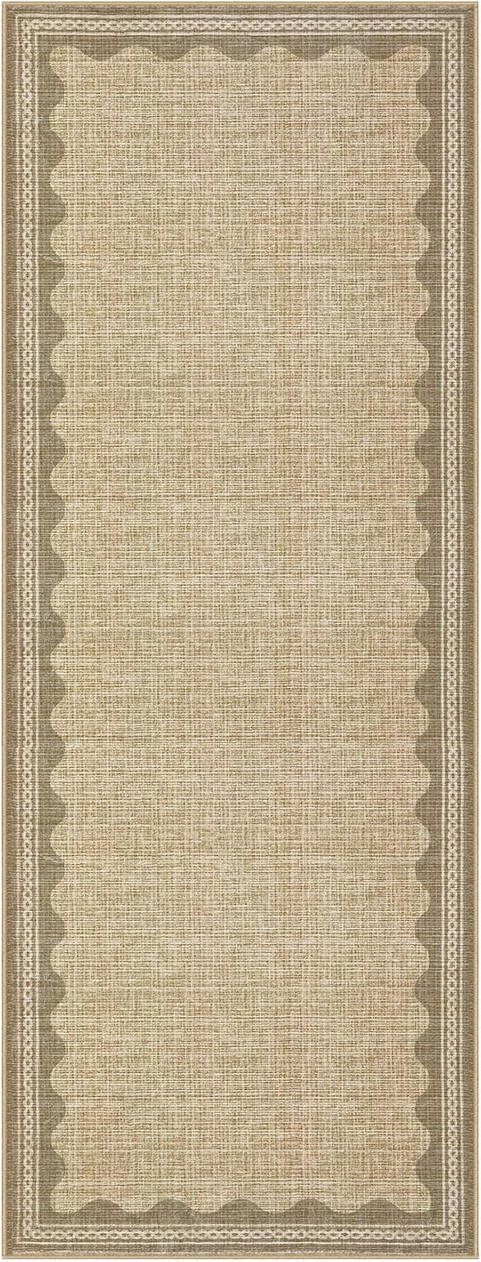 GarveeHome 2.5x8 Runner Rug for Hallway Washable Kitchen Rugs Non Slip Solid Tan Jute Digital Printing Modern Soft Low-Pile Scalloped Indoor Carpet for Entryway Laundry Room Floor Mats