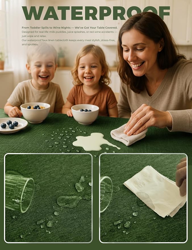 Decorelia Waterproof Table Cloth for 10ft Rectangle Table, Outdoor Spillproof Wrinkle Free Tablecloth for Banquet, Christmas, Thanksgiving,Easter (Oblong, 60 x 144 Inch (12-14 Seats), Dark Green)