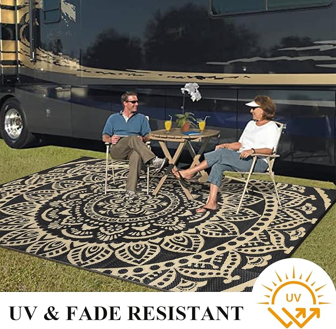 Bsmathom Waterproof Outdoor Rug 8'x10' Reversible Boho Plastic Straw Patio Deck Camping Rugs, Indoor Outdoor Portable RV Mat Clearance Carpet for Outside, Porch, Balcony, Backyard, Flower Black Gold