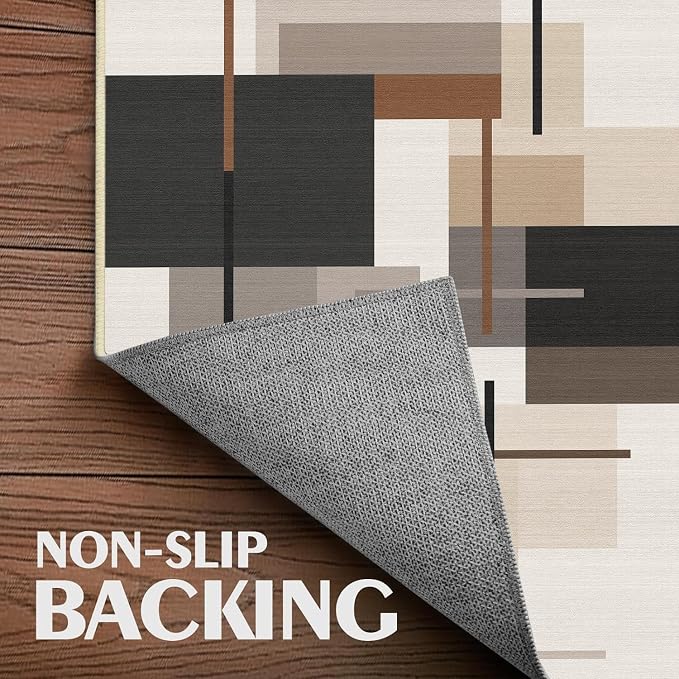 Geometric Runner Rug 2x6 for Hallway Neutral Abstract Mid Century Modern Rug Soft Washable Rugs Non Slip Low Pile Carpet for Kitchen Entryway Laundry Room Bedroom,Beige Brown Black