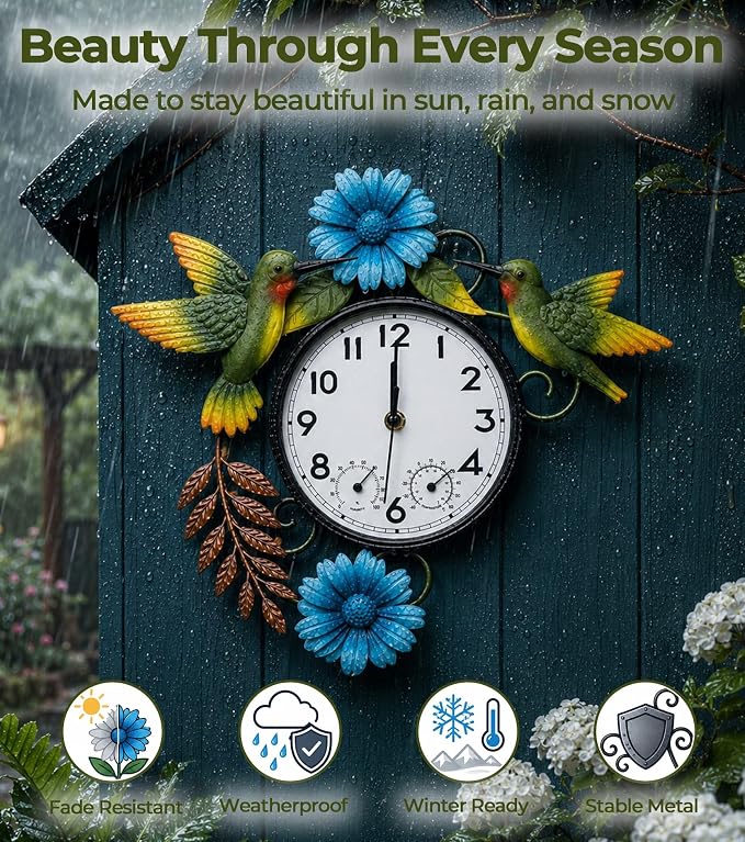 Outdoor Clock with Thermometer and Hygrometer Combo | Silent Non-Ticking Outside Clocks for Patio Waterproof, Metal Decorative Wall Clock for Living Room, Blue Daisy & Hummingbird