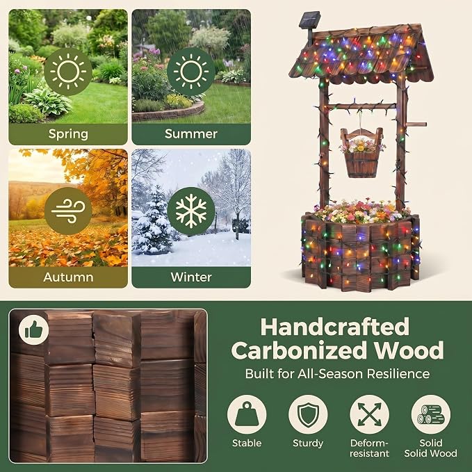 Wooden Wishing Well Planter With Light,4 Reinforced Rods,Dual Tier Planting | 8 Custom Lighting Modes, Adjustable Hanging Bucket, Multi-Yard Decor, Seasonal Plant Friendly, Easy Installation