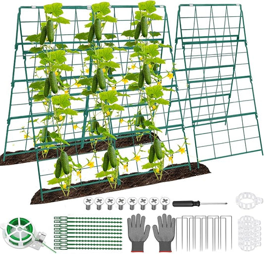 Cucumber Trellis for Raised Bed A Frame Metal Garden Trellis for Climbing Plants Outdoor, 42 x 32IN Foldable Coated Steel Cucumbers Trellis for Vegetable Fruit Flower