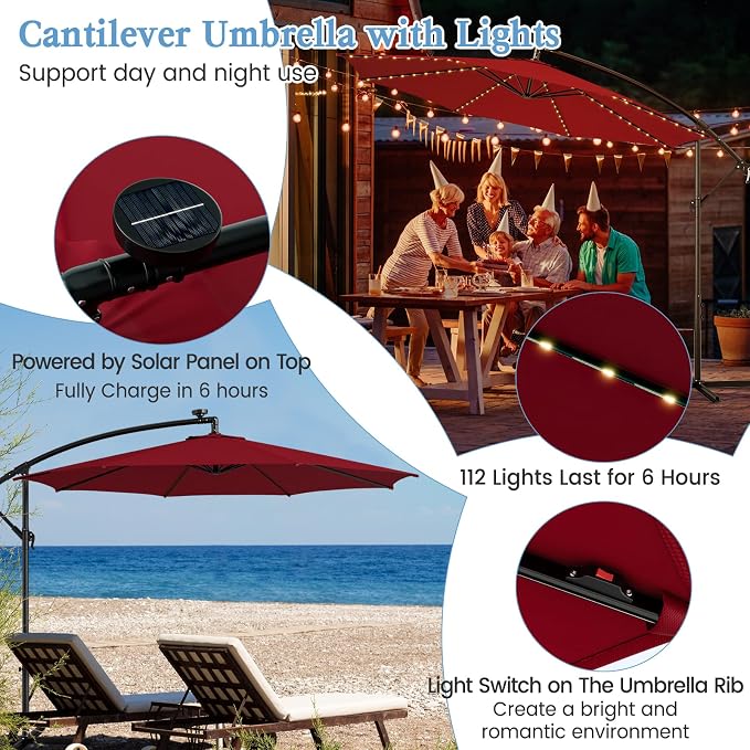 HAPPYGRILL 10FT Cantilever Patio Umbrella with Solar Lights, Outdoor Hanging Offset Umbrella with 112 LED Lights, Tilt Design, Crank Handle, Cross Base Stand for Garden Yard Deck