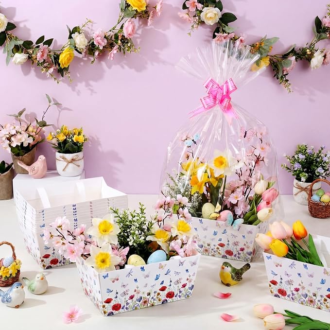 Qinyoung 12 Pack Spring Baskets for Gifts Empty Wildflower Gift Basket with Handles, Pull Bows, Cellophane Bags and Twist Ties for Easter Butterfly Dragonfly Wildflower Party Favor Supplies, 9.8x6.5''