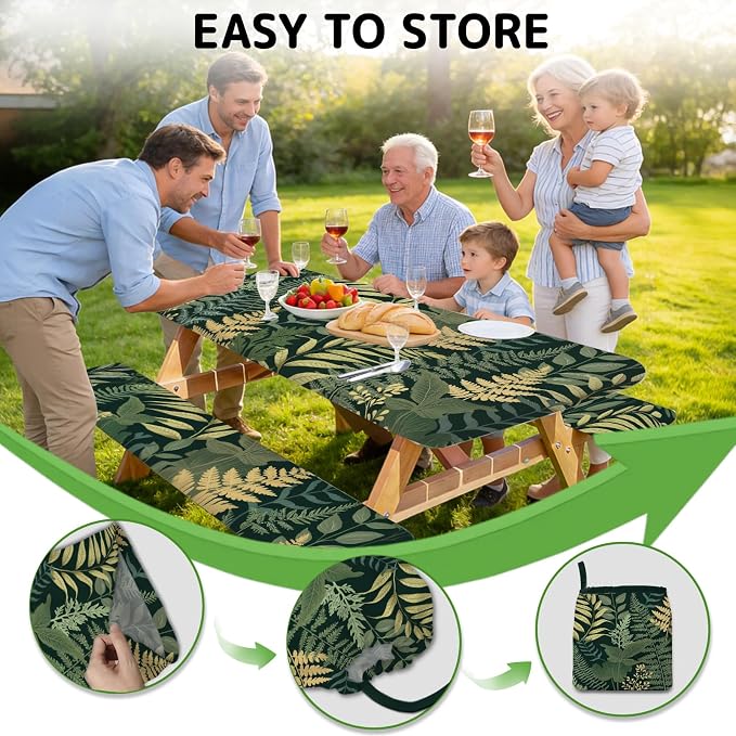 Picnic Table Cover with Bench Covers Elastic Edges, 3 Pcs Leaf View Fitted Table Cover with Drawstring Bag, Waterproof Windproof Aesthetic Camping Tablecloth, Outdoor Camping Essentials 72 Inch