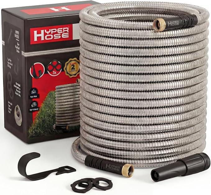 Best 100 ft Metal Garden Hose - No-Kink Durable 316 Stainless Steel, Spray Nozzle & Hook – Tough Flexible Heavy Duty Water Hoses, 5/8 in, Rust, Weather, LeakProof
