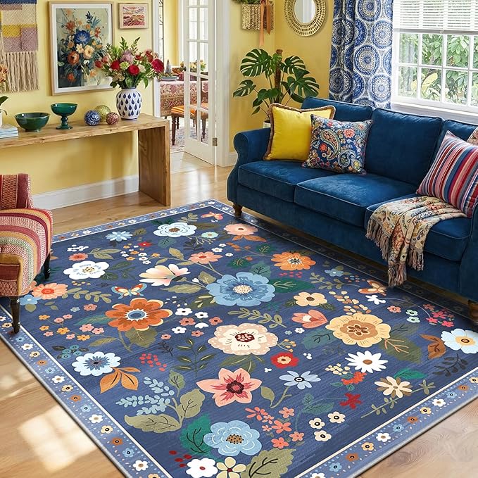 RELEANY Floral 5x7 Area Rug Machine Washable Soft Print Boho Carpet Non Slip Doormat Low Pile Flower Area Rugs for Living Room Bedroom Nursery Kitchen Dining Room Indoor-Blue/Grey | Flower Carpet, Print, Boho, Non-Slip, Easy to Clean, Soft, Low Pile fo...