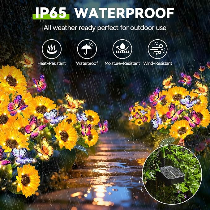 6 Pack Solar Garden Lights Outdoor, Sunflower Solar Lights with Butterfly IP65 Waterproof, Solar Flower Lights for Yard Patio Garden Decor, Auto On/Off Solar Sunflowers Decorative, Gifts for Mom Women
