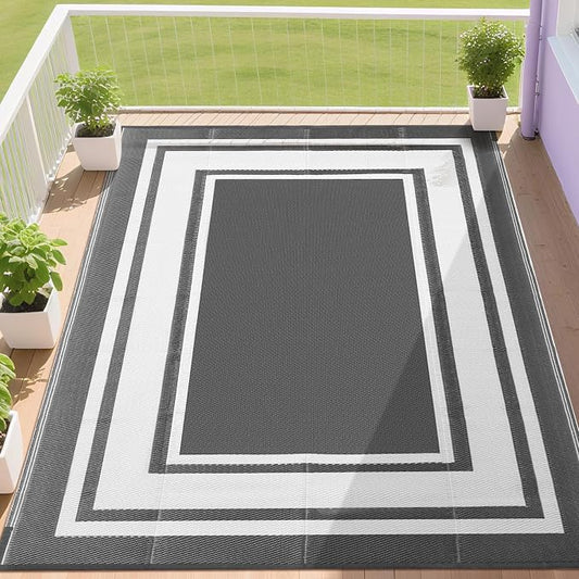 RURALITY Outdoor Rug 9x12 Waterproof for Patio Clearance,Large Plastic Straw Mat for Camping,Porch,RV,Reversible,Grey&White