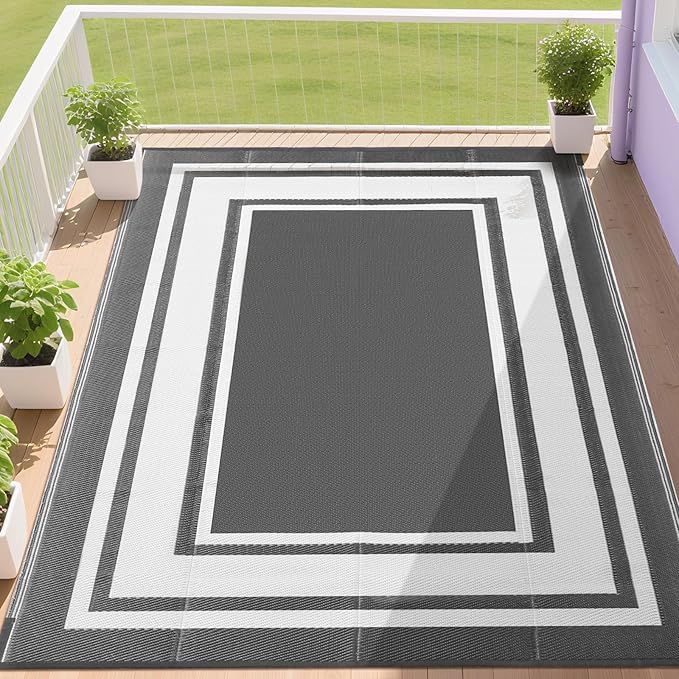 RURALITY Outdoor Rugs 6x9 Waterproof for Patios Clearance,Plastic Straw Mats for Backyard,Porch,Deck,Balcony,Reversible,Grey&White