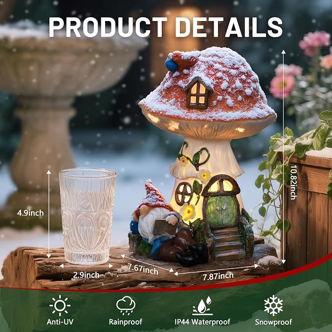 Solar Mushroom Statue Outdoor Decor,Gnome Reading Under Mushroom Figurine with LED Light, Fairy Garden Patio Lawn Yard Decor Mother's Day Housewarming Gifts for Women Mom Grandma