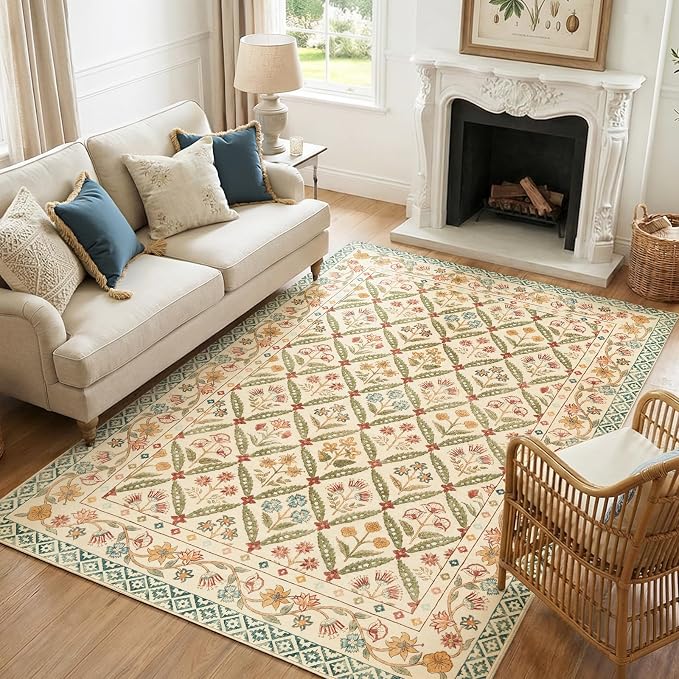jinchan 5x7 Vintage Floral Washable Living Room Area Rug, Teal Blue | Soft & Lightweight, Checkered Floral, Low Pile, Non Slip, Bedroom, Dining Room, Girls Room, Home Office, Cottage Decor