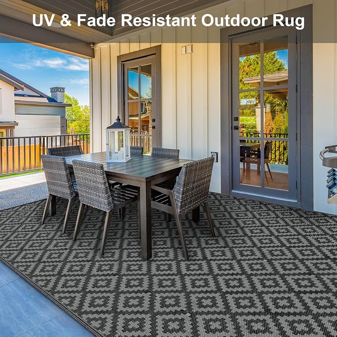 Outdoor Patio Plastic Straw Rug - 8x10 ft Outdoor Camping Rug Waterproof Reversible, Area Carpet Patios RV, Outside Porch Balcony Deck for Camper, Black & Grey