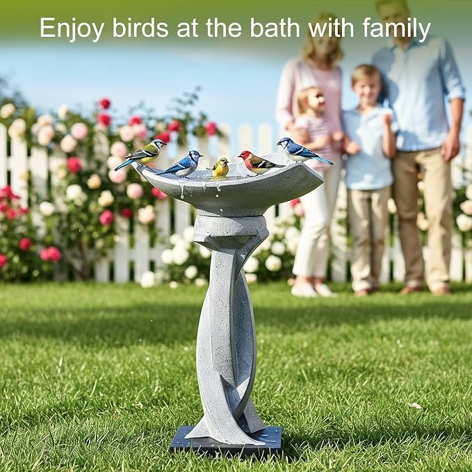 SKYFIRE 22.8" Tall Modern Bird Bath, Concrete Sculptural Pedestal Birdbath, Contemporary Outdoor Yard Statue with Twisted Base for Garden, Patio, Backyard Decor - 14.5" Dia x 22.8" H