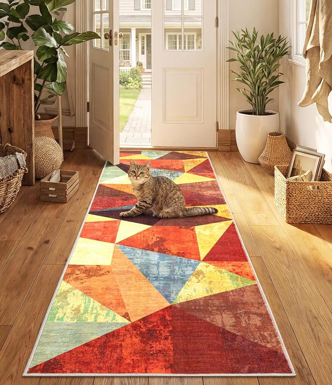 Brown Runner Rug 2x6 for Hallway,Geometric Burnt Orange Area Rug Non Slip,Farmhouse Rugs Washable,Vintage Burgundy Carpets, Boho Rug for Kitchen