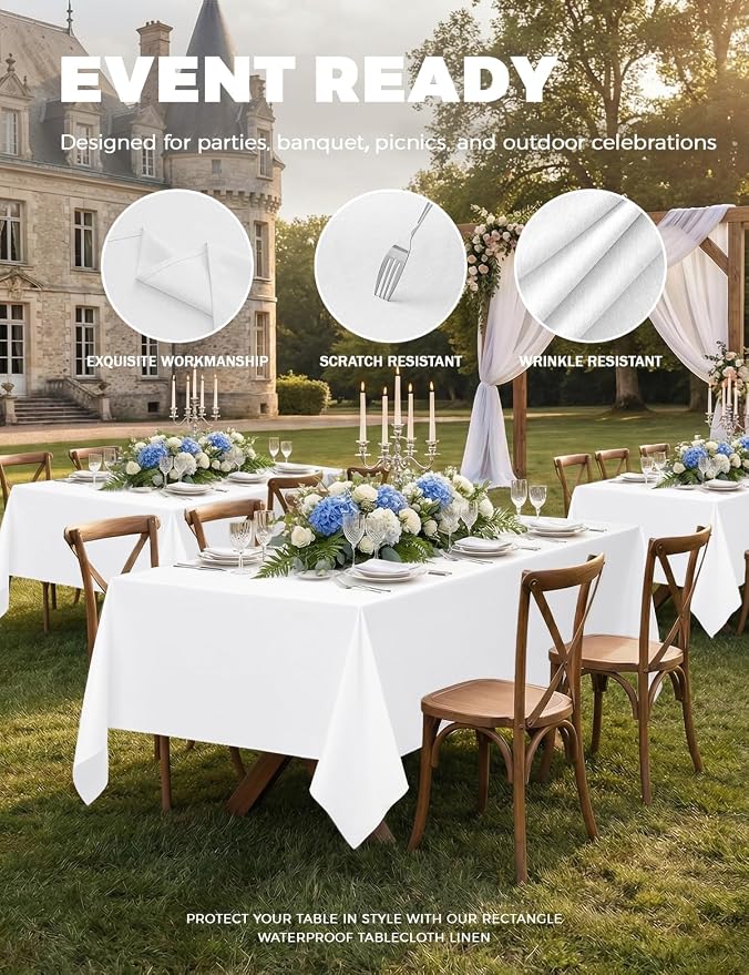 Decorelia White Waterproof Table Cloths for 4 Ft Rectangle Table-2 Pack, Washable Polyester Rustic Reusable Rectangular Table Cloth Cover for Wedding,Outdoor,Events, Party,Banquet, Dining, 60x84 Inch