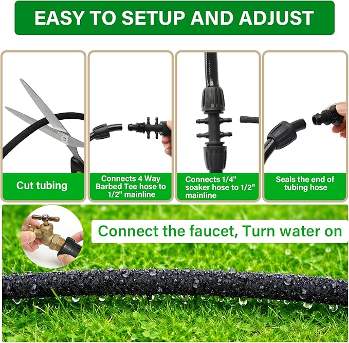 MIXC Drip Irrigation System with 100FT 1/4" Soaker Hose - 80% Water Savings, Weeping Tech for Deeper Root Watering, Garden Kit with 10FT 1/2" Tubing for Raised Beds, Vegetables, Lawn, Greenhouse