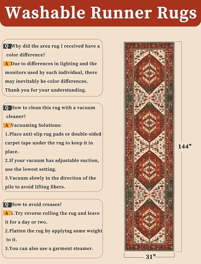 SERISSA 2'6"x12' Washable Non Slip Boho Runner Rug for Hallway | Ultra Soft Vintage Oriental Carpet Low-Pile Terracotta Green Floor Carpet for Kitchen Bedroom Entryway Bathroom Laundry Room