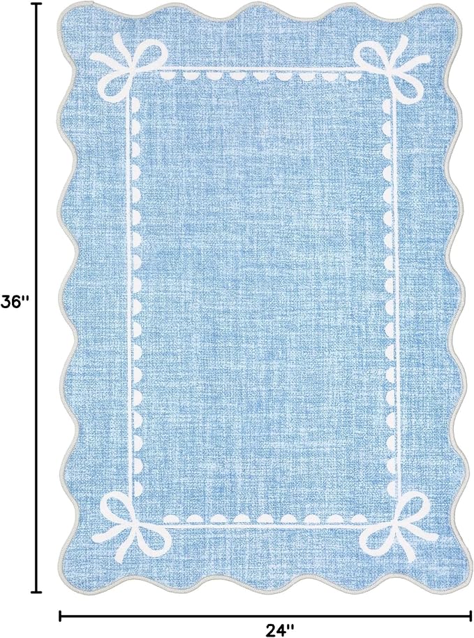 GarveeHome Scalloped Entryway Rug 2x3 Washable Front Door Bow Rug, Blue | Non Slip Soft Low Pile Ultra-Thin Stain Resistant Indoor Carpet for Girls Dorm Nursery Bedroom Decor Hallway Kitchen Floor
