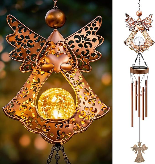 Angel Solar Wind Chimes for Outside: Metal Outdoor Memorial Decor | Easy Hanging for Garden Patio Tree Window - Melodious Birthday Gifts for Women Mom Grandma