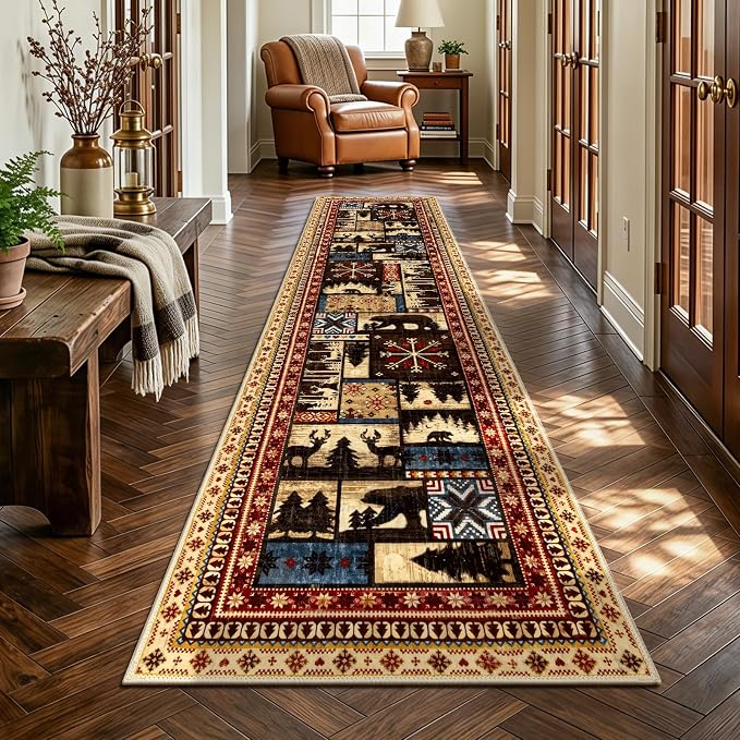 LOKHOM 2x8 Hallway Runner Rug, Non Slip Washable Western Cabin Bear Rugs | Bear Pattern, Low Pile Soft Kitchen Rug, Vintage Wildlife Accent Carpet Runner, For Laundry Bedroom Entryway Nursery