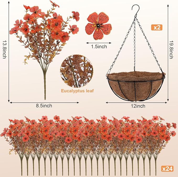 Artificial Hanging Basket Flowers, 24 Pcs Orange Mums, UV Outdoor Flowers | Look Real Mums Flowers with Hanging Baskets for Autumn Porch Patio Balcony Yard Home Decor