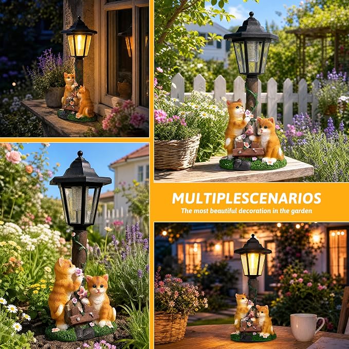 Solar Cat Garden Decor, Outdoor Statues with LED Lantern Cat Figurine for Outside Patio Yard Backyard Gifts for Mother's Day Birthday Housewarming