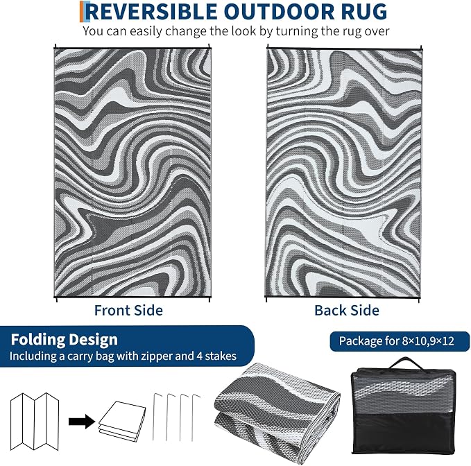 Garvee 5x8 Outdoor Rug Waterproof Modern Plastic Straw Rugs, Camping Rugs for Outside Your RV, Abstract Reversible UV Resistant Rug with Portable Bag for Backyard, Deck, Camper, Black Grey