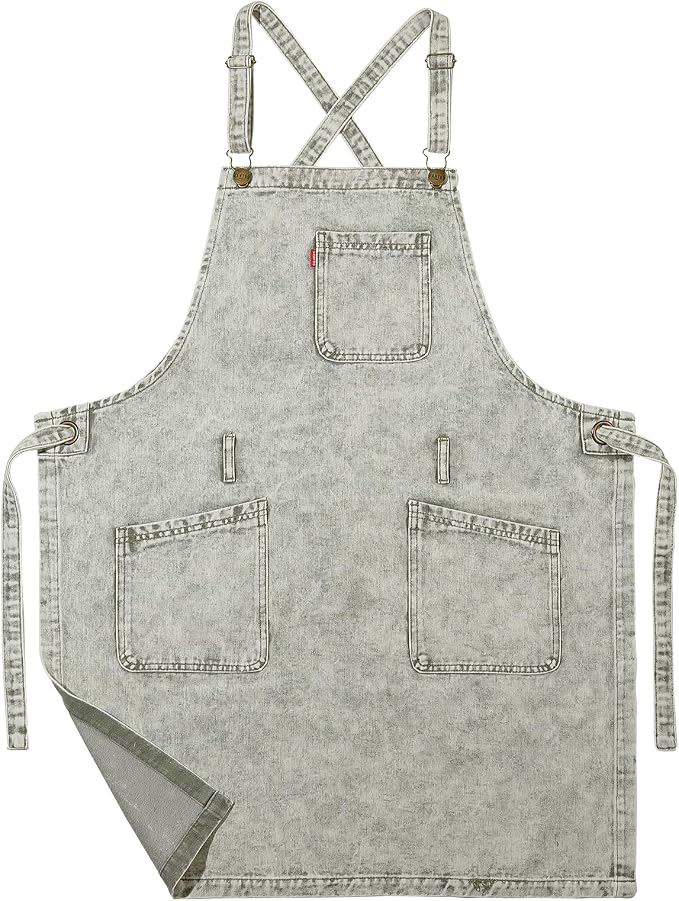 Denim Chef Apron for Women with Pockets, Jean Waitress Server Kitchen Apron for Men Cooking Gardening Painting