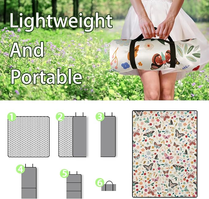 Butterfly Flower Picnic Blankets Waterproof Foldable, 60’‘x80'' Portable Outdoor Picnic Mat Water Resistant for Grass, Padded Lawn & Park Blanket for Camping, Hiking