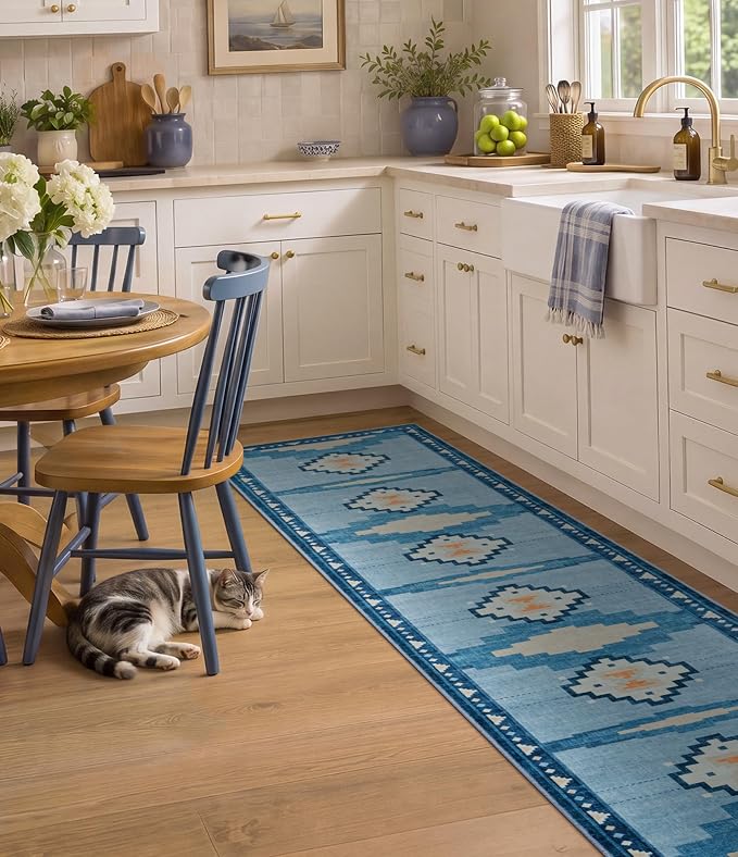2'x8' Non-Slip Kitchen Runner Rug, Blue Geometric Mid Century Modern Rug | Washable, Low Pile, Soft, Coastal Aztec Design, for Entryway Hallway Bedroom, Stain Resistant, Pet Friendly, Low-Shed