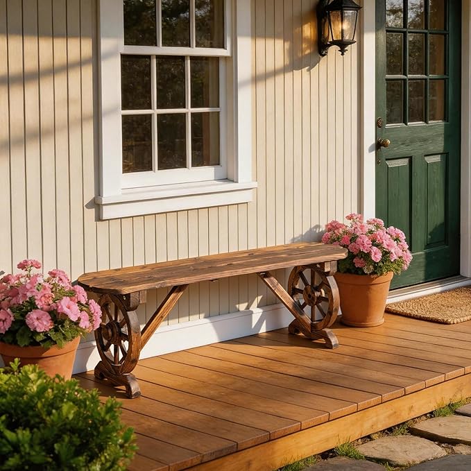 VINGLI Rustic Wooden Wheel Bench Outdoor Bench, Patio Bench Wagon Slatted Seat, Garden Benches for Outdoors 350lbs High Capacity, Weather Resistance (Rustic, 46in)