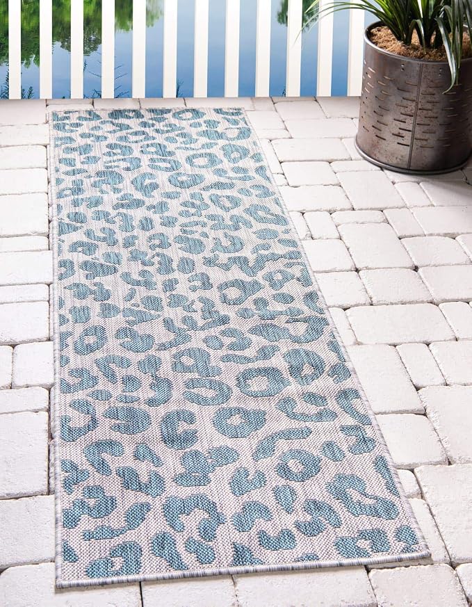 Unique Loom Outdoor Safari Collection Area Rug - Leopard (2' x 6' 1" Runner, Teal/ Ivory)