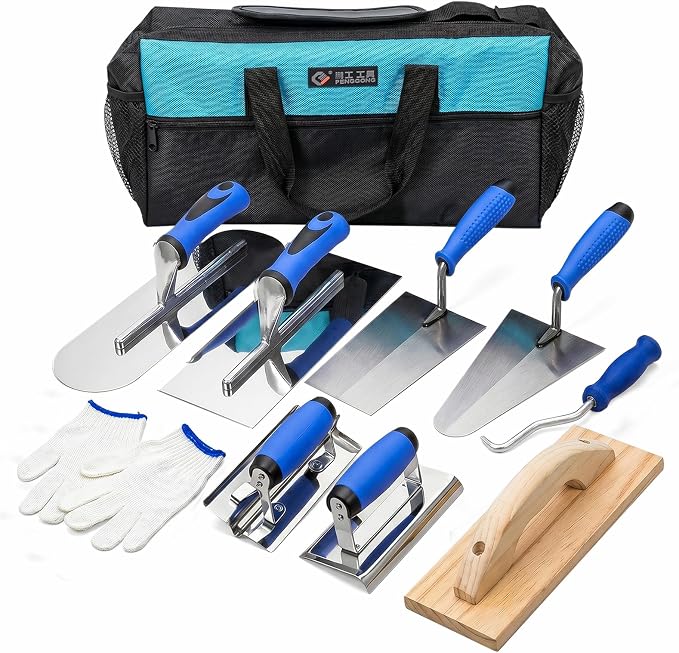 10PCS Concrete Trowel Set, Masonry Hand Tool Kit Includes Finishing Trowel, Pool Trowel, Wood Float, Edger, Groover, Margin Trowel, Wire Twister, Gloves & Carry Bag for Stucco and Cement Work