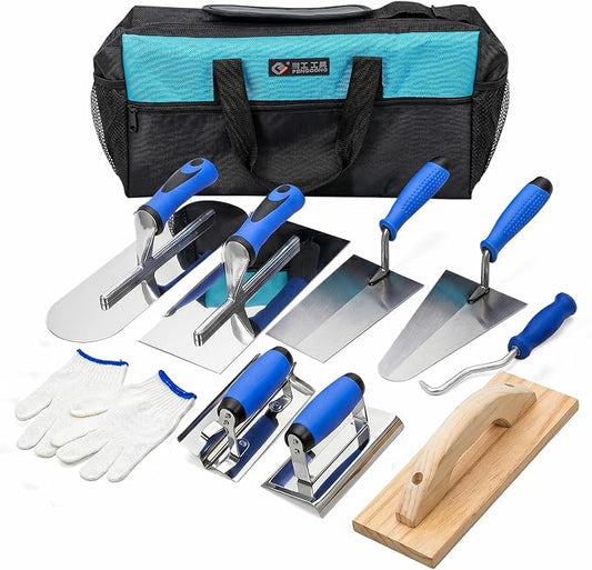 10PCS Concrete Trowel Set, Masonry Hand Tool Kit Includes Finishing Trowel, Pool Trowel, Wood Float, Edger, Groover, Margin Trowel, Wire Twister, Gloves & Carry Bag for Stucco and Cement Work