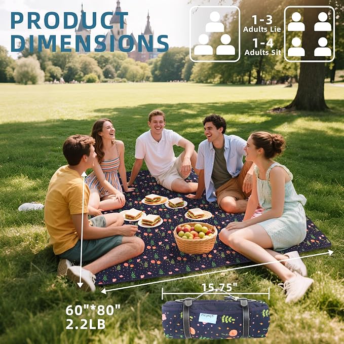60x80” Double Thickened Picnic Blankets(150g High Density Cotton Stuffed) Navy Blue Floral Pattern Outdoor Picnic Mat Portable Picnic Blanket Foldable with Leather Carry Strap Beach Blanket