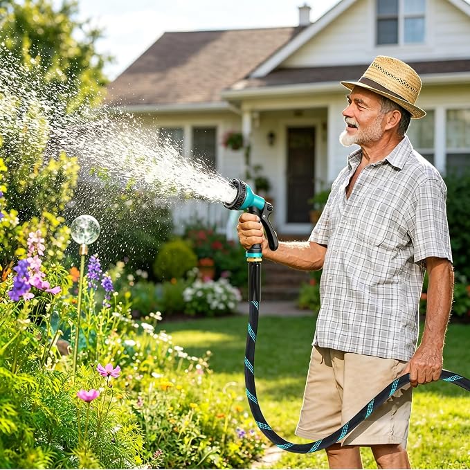 Expandable Garden Hose 50 ft with 10 Function Spray Nozzle, Flexible, Kink Free, Leak-Proof, Ultra Lightweight Retractable Stretch Water Hose 50ft for Yard, Lawn, Car Wash and Outdoor (Black Cyan)
