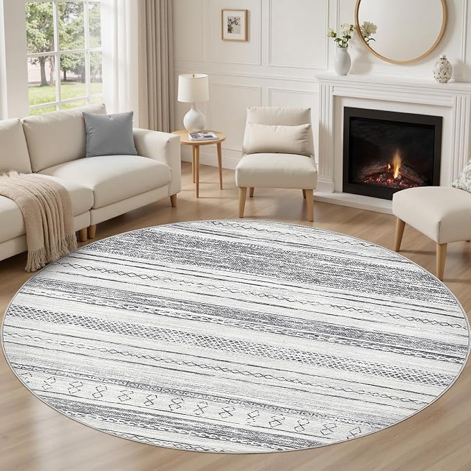 Tortania 5' Round Area Rug Living Room Rugs - Washable Large Soft Neutral Boho Moroccan Bohemian Farmhouse Rug Indoor Floor Carpet for Bedroom Under Dining Table Home Office Decor - Grey