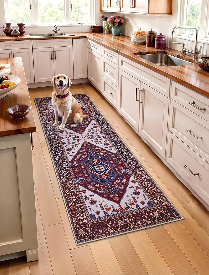SERISSA 2x5 Washable Non Slip Boho Runner Rug for Hallway | Ultra Soft Vintage Oriental Carpet Low-Pile Burgundy Navy Floor Carpet for Kitchen Bedroom Bathroom Laundry Living Room