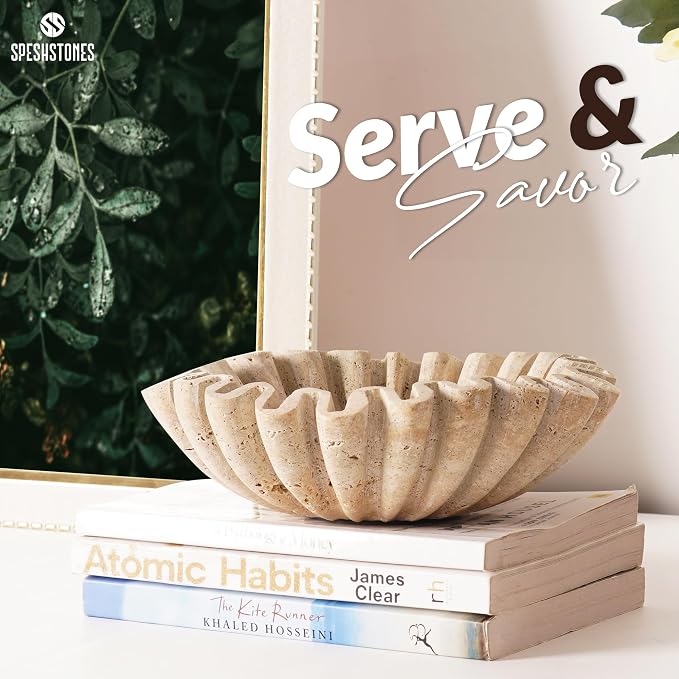 Marble Decorative Bowl Handmade 8 Inch Travertine Ruffle Bowl, Fruit Bowl for Kitchen Counter, Large Scalloped Bowls for Housewarming Gifts, Modern Fluted Bowl for Home Decor