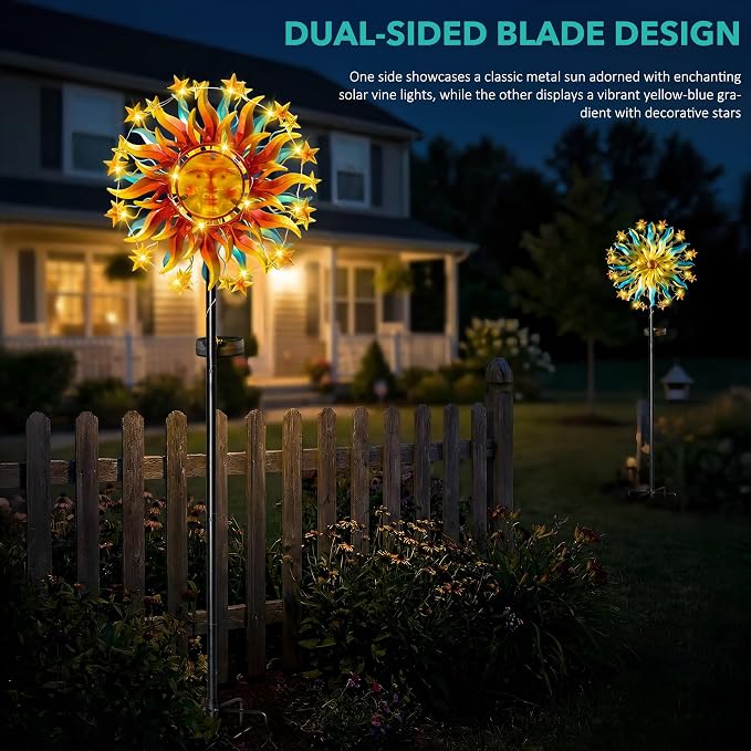 Solar Wind Spinners for Yard Garden - 60.3 Inch 360° Metal Sun Wind Sculptures Outdoor Clearance Kinetic Windmills with Vine String Shining LED Lights for Patio, Lawn Xmas Garden Decoration