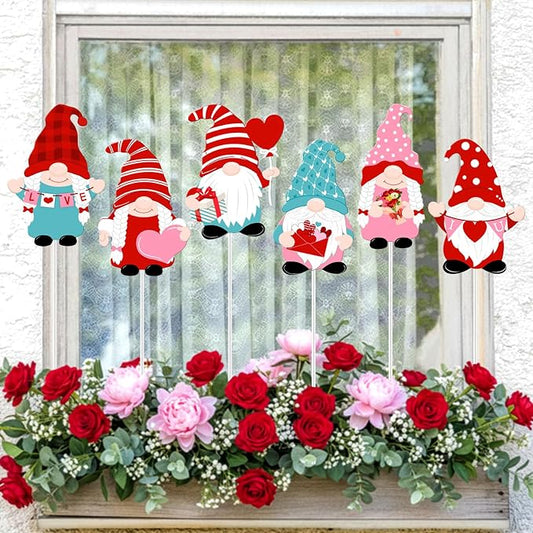 Pickmesh 6 Pcs 12 Inch Valentine's Day Metal Yard Sign Valentines Gnome Metal Yard Sign Barn Garden Stake for Planter Pot Walkway Pathway Outdoor Decor Lawn Decoration